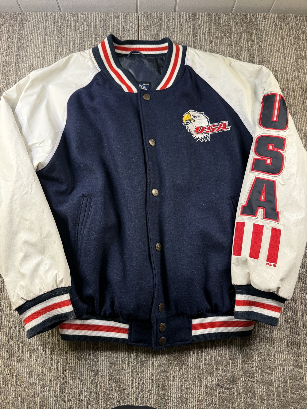 Steve & Barry's Jacket Mens Small Blue USA Eagle Flag Varsity Patriotic PVC